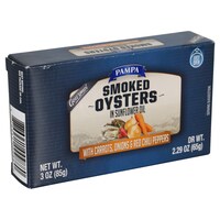 Pampa Smoked Oysters in Sunflower Oil with Carrots, Onions and Chili Peppers, 3 oz. Tins — Dollar Tree