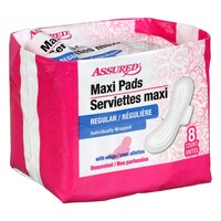Assured Regular Maxi Pads with Wings, 8-ct. Packs — Dollar Tree penny item
