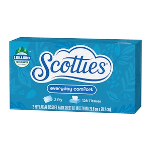 Scotties Facial Tissue Paper 128 Sheets Box- Strong Soft & Absorbent 2-Ply Tissues Hypoallergenic Toxin & Fragrance Free Made for Everyday Comfort