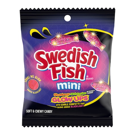 Swedish Fish Mini Glow Ups Strawberry-Watermelon Soft & Chewy Candy, 3.08 oz. — Dollar Tree penny item