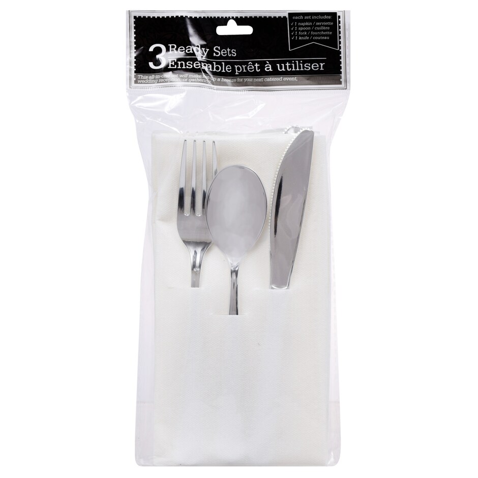 Juegos de Cubiertos y Servilletas Plasticos Plateados - Pack de 4 2