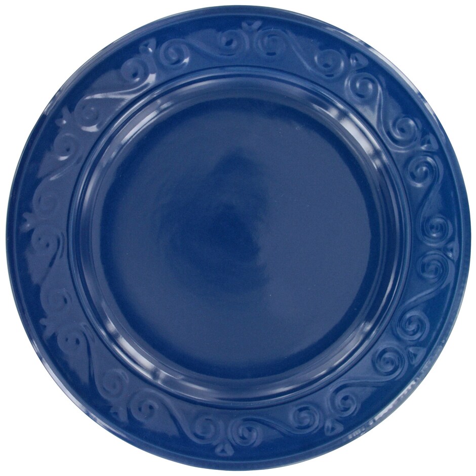 Bulk Navy Blue Embossed Scroll Pattern Stoneware Dinner Plates, 10.5 in