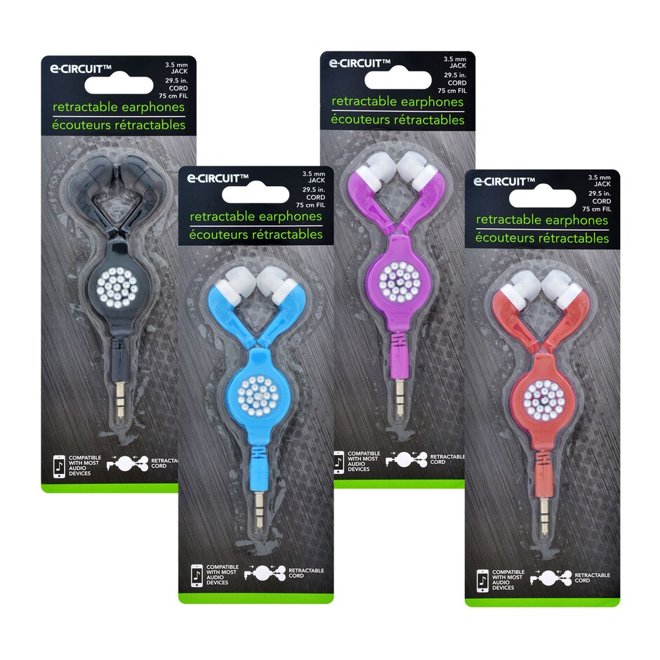 Bulk ECircuit Retractable Bling Stereo Earbuds Dollar Tree