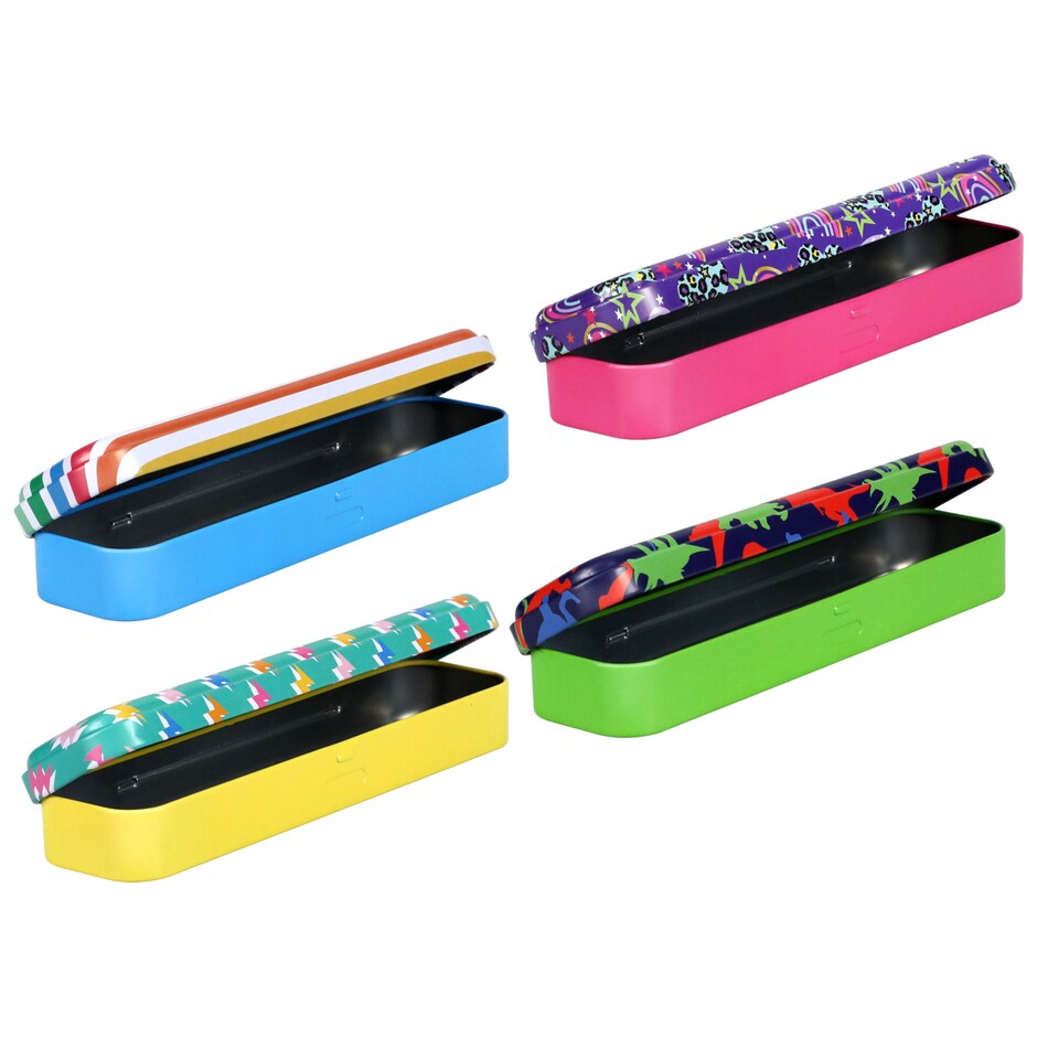 Bulk Printed Tin Pencil Boxes, 8x2x1 in. Dollar Tree