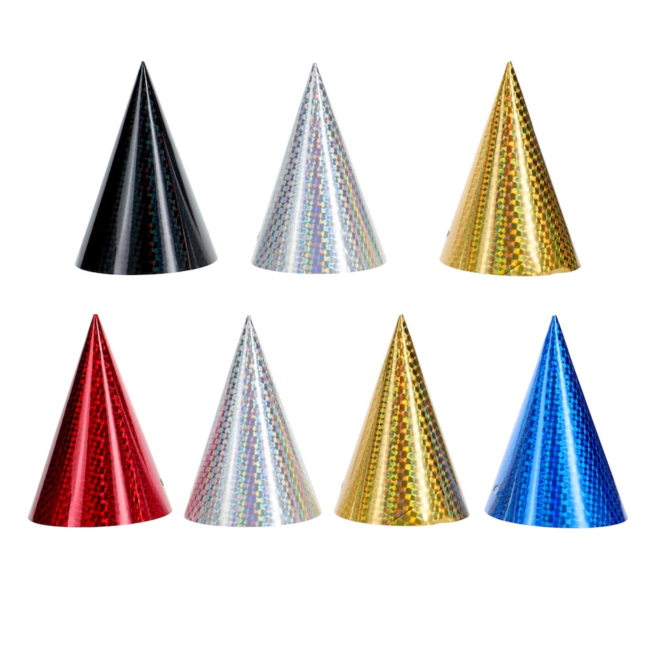 Cone-Shaped Holographic Party Hats, 8-ct. Packs