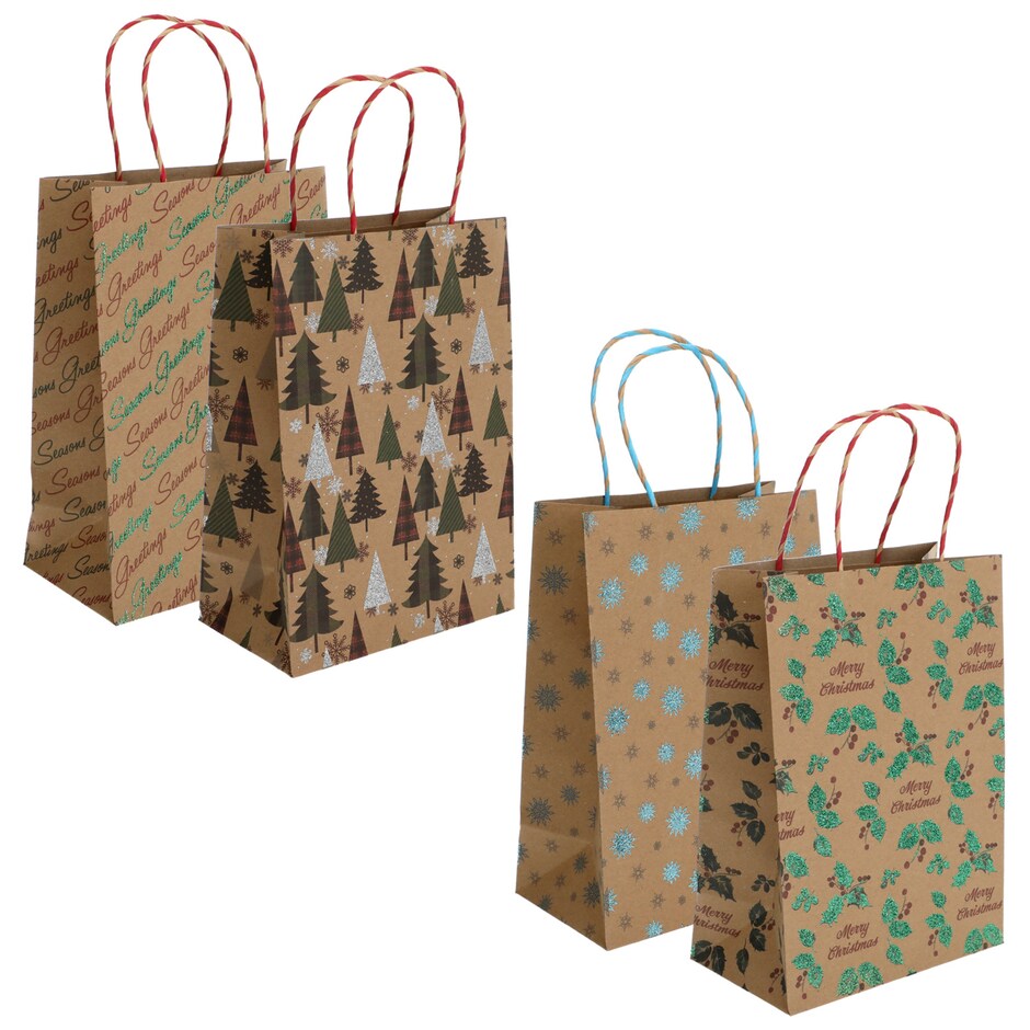 Christmas House Medium Brown Paper HolidayPrint Gift Bags, 2 pc. Pack