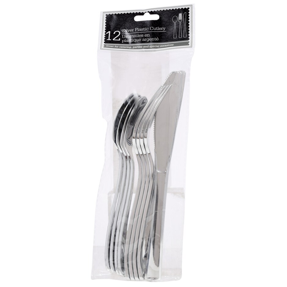 Cubiertos Plasticos Plateados, 12 unidades, Pack de 4 Cajas 3