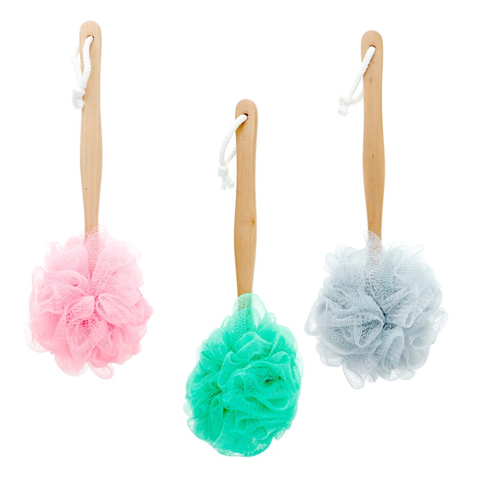 Bulk Bath Sponges with Wooden Handles, 4.5x4.25x14 in. Dollar Tree