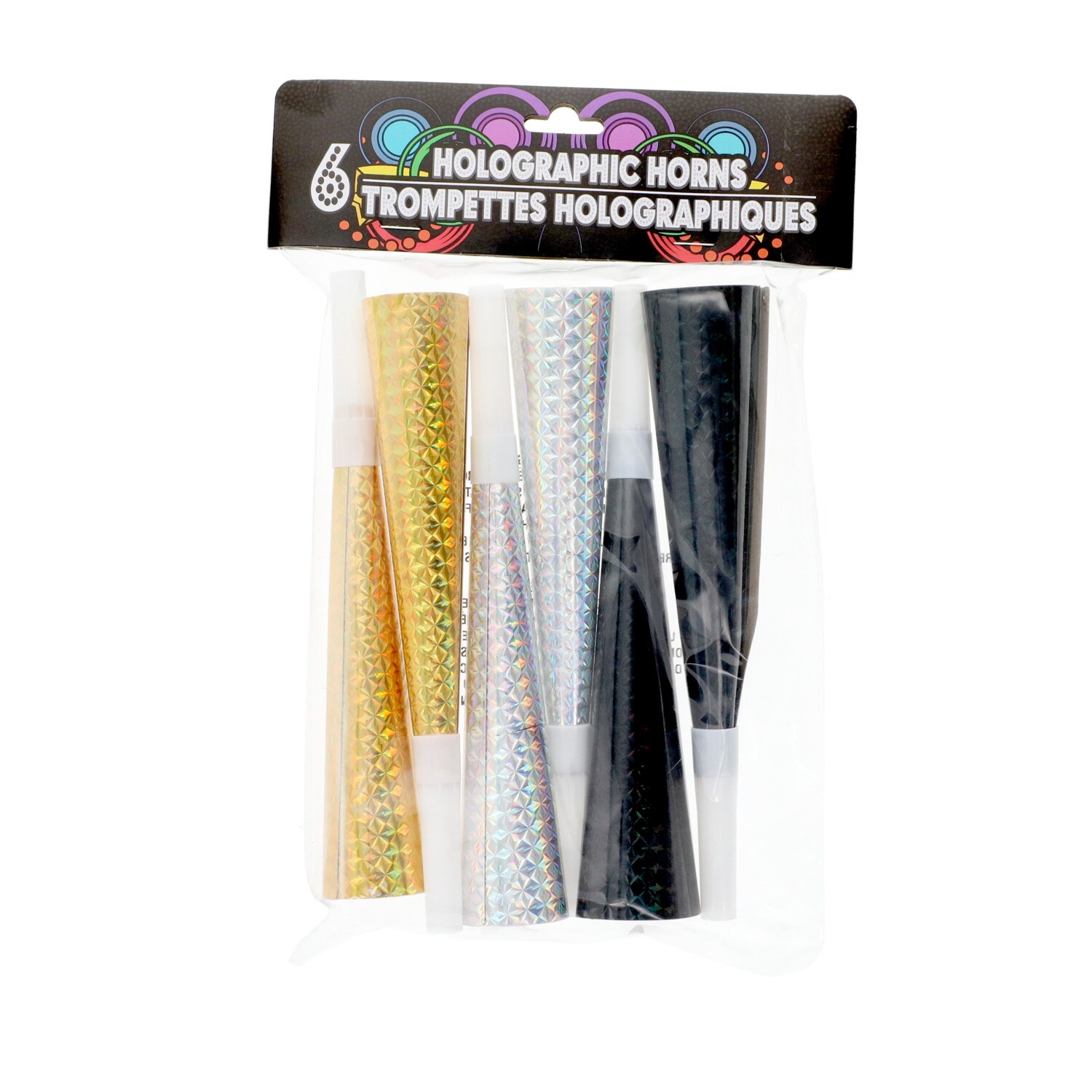 Holographic Party Horns, 6-ct. Packs — coming to Dollar Tree Nov 11, 2026