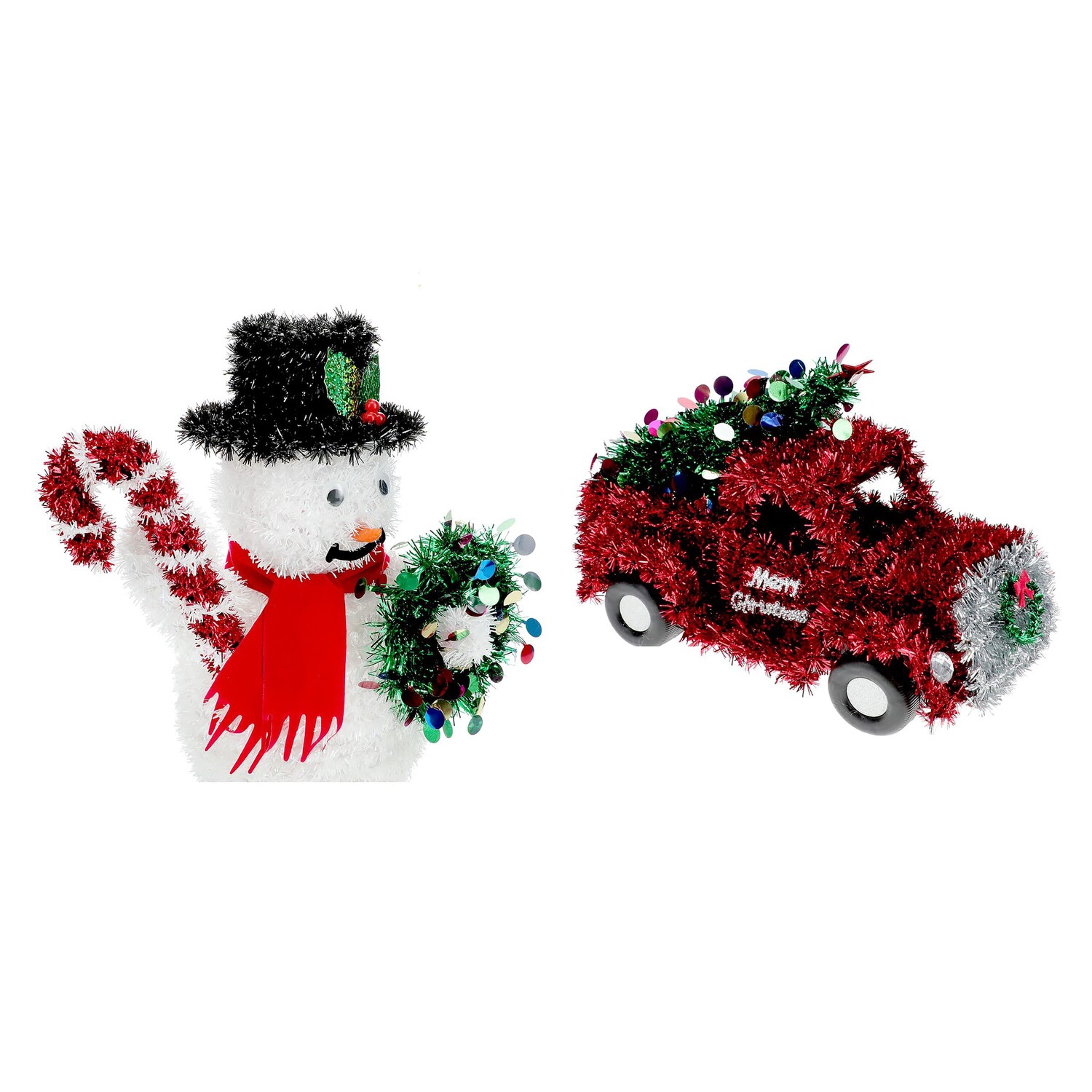 Christmas-themed Mini Tinsel Tabletop Decor, Assorted Designs — coming to Dollar Tree Sep 16, 2026