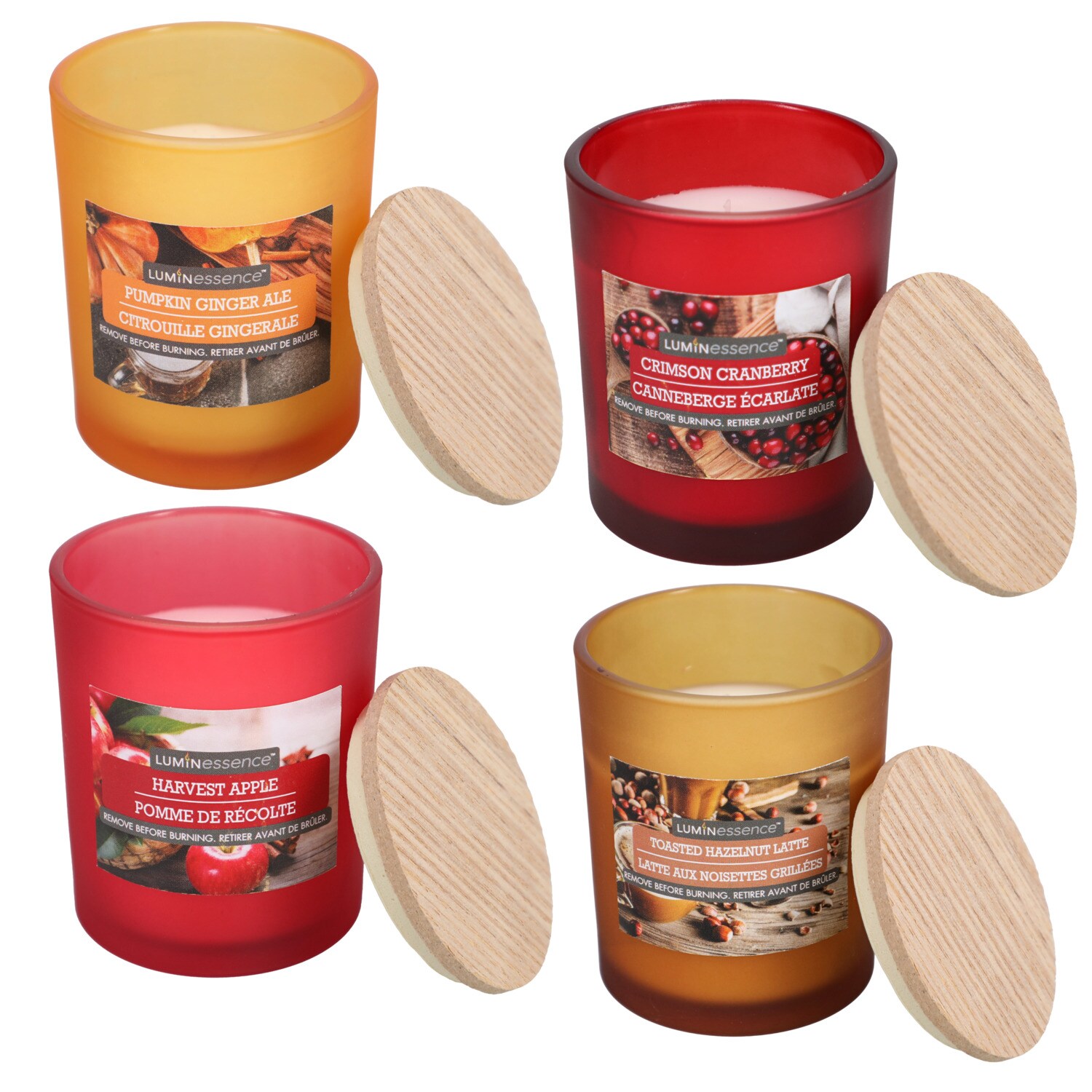 Luminessence Assorted Harvest-Themed Frosted Jar Candle with Wood Lid, 1 ct. — coming to Dollar Tree Aug 28, 2026