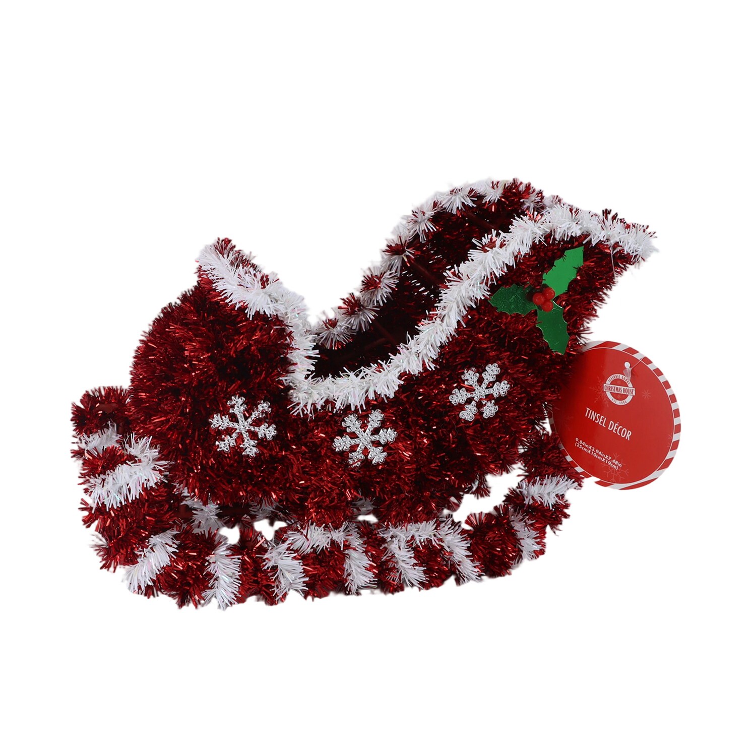 Christmas House Mini Tinsel Sleigh Decor — coming to Dollar Tree Sep 16, 2026