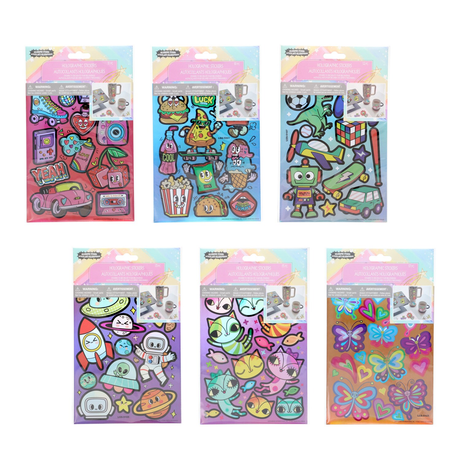 Colorful Holographic Stickers, Assorted Designs, 8-pc, 10-pc, 12-pc, 13-pc, 15-pc, 17-pc Packs. — coming to Dollar Tree Aug 21, 2026