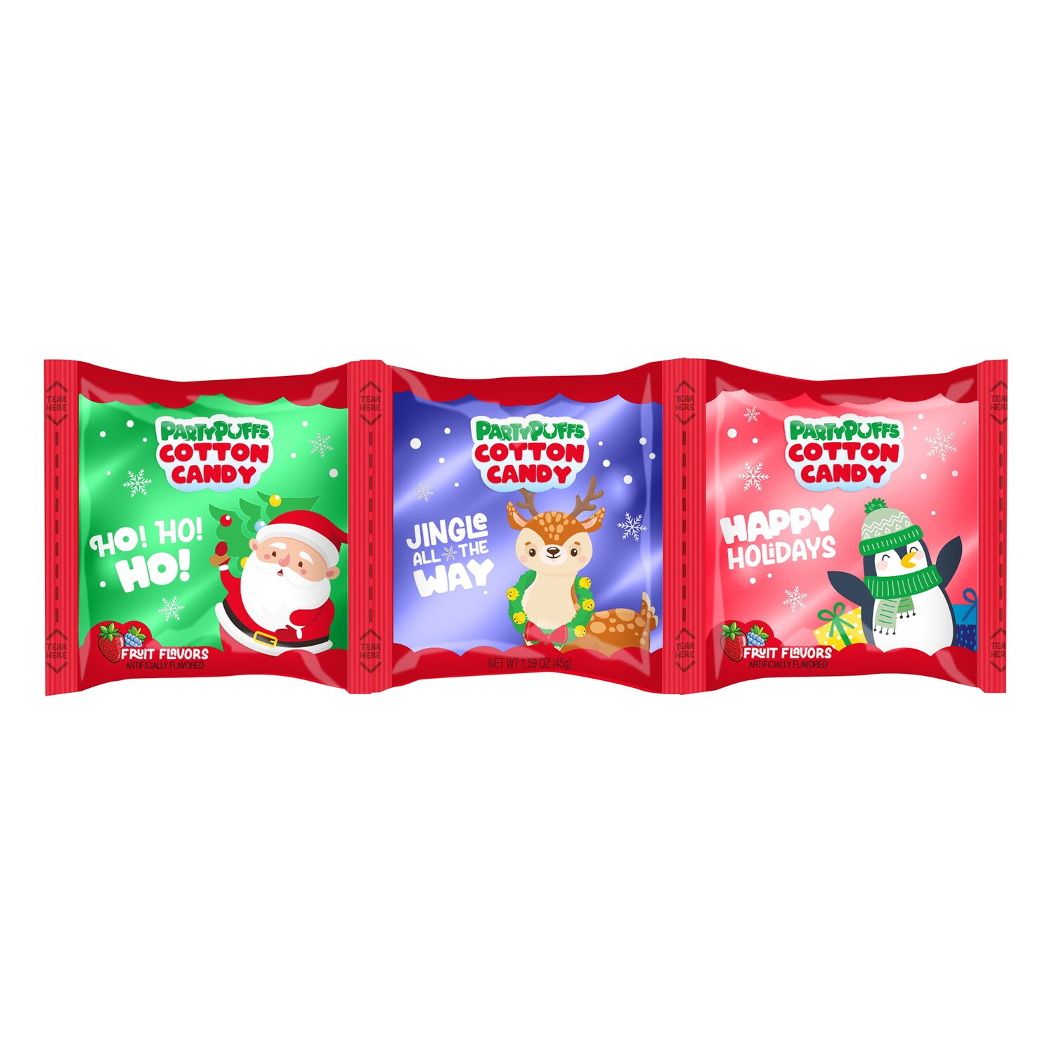 Party Puffs Christmas-themed Fruit-flavored Cotton Candy, Assorted Designs, 3-pc Pack. — coming to Dollar Tree Sep 27, 2026