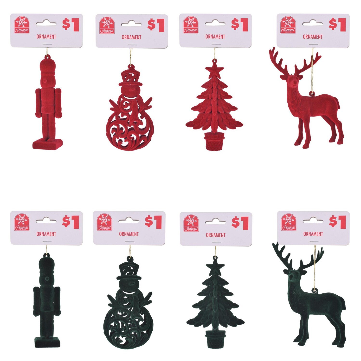 Seasonal Collection Flocked Hanging Ornament, Assorted Colors And Shapes — coming to Dollar Tree Sep 30, 2026