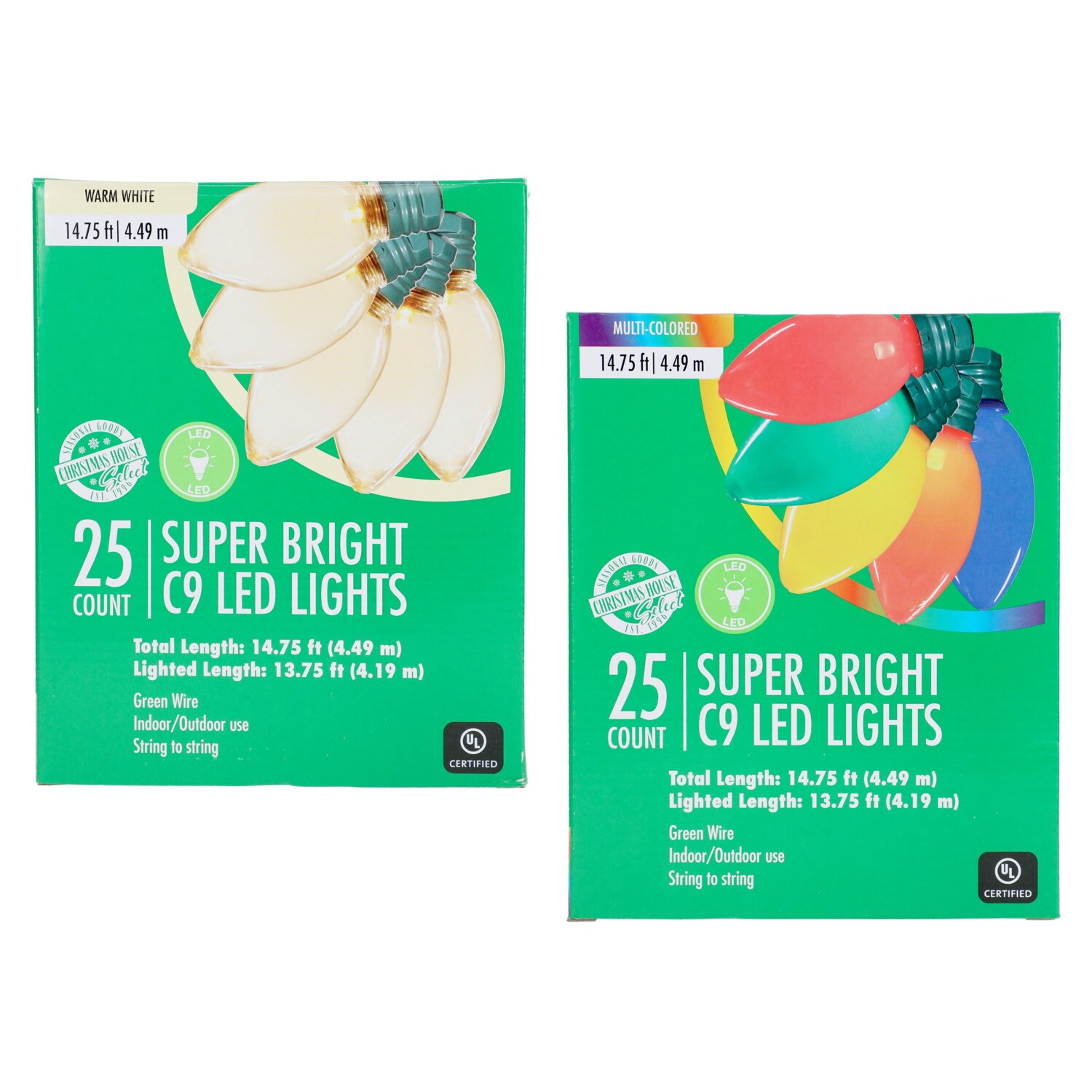 Christmas House Super Bright C9 LED Light, Assorted Designs, 25 bulb 14.75 ft. — coming to Dollar Tree Sep 18, 2026