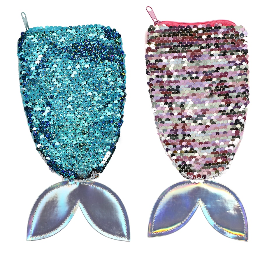 Jot Sequined Mermaid Tail-Shaped Pencil Bags, 9x4.25 in.