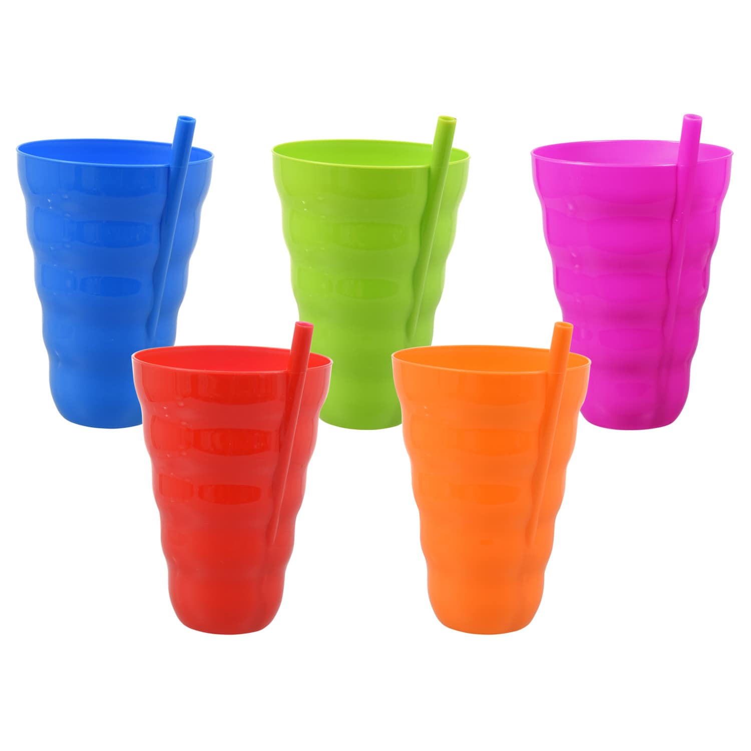 Bright & Fun Block Colour Childrens Drinking Plastic Beakers Cups with Straw Set of 4 