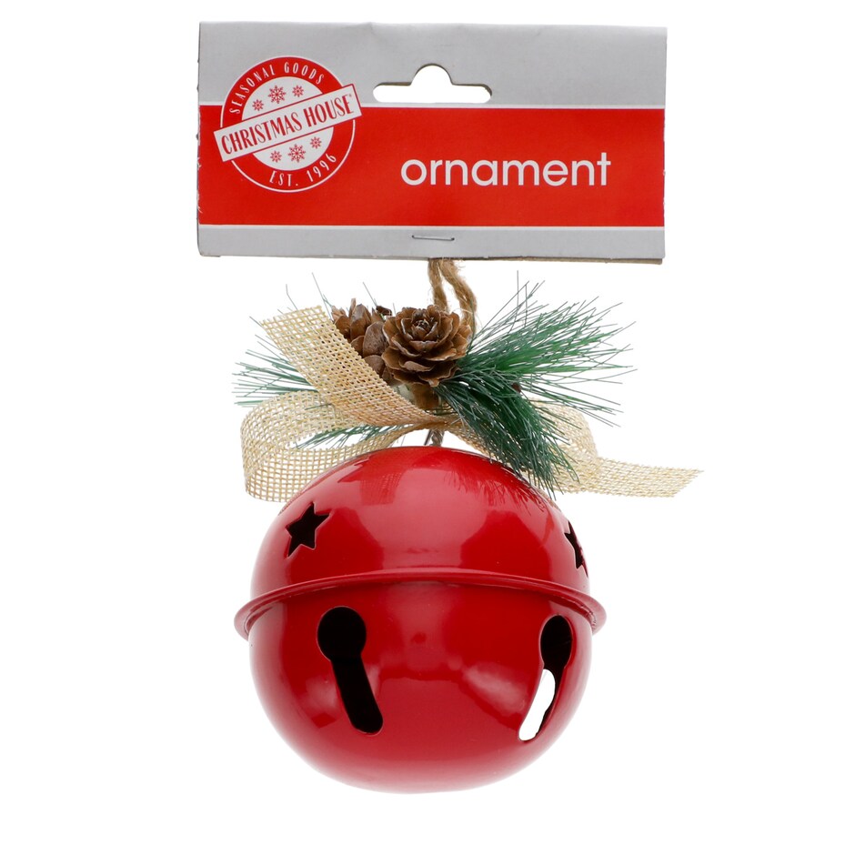 Christmas House Sleigh Bell Ornament with Pine Accents, 2.6-in.