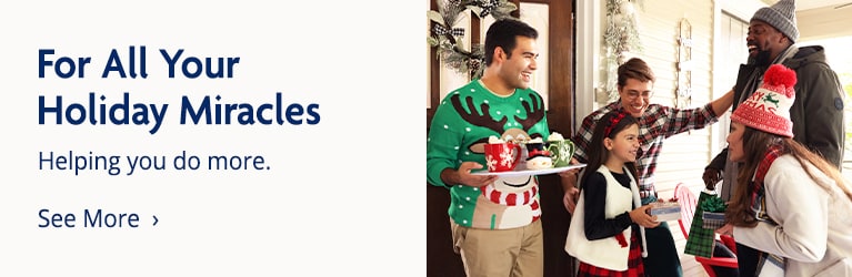 People exchanging gifts and an image of a basket filled with hot cocoa ...