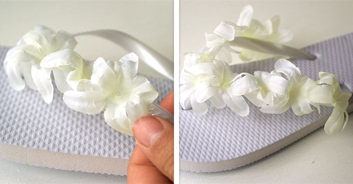 white flower flip flops
