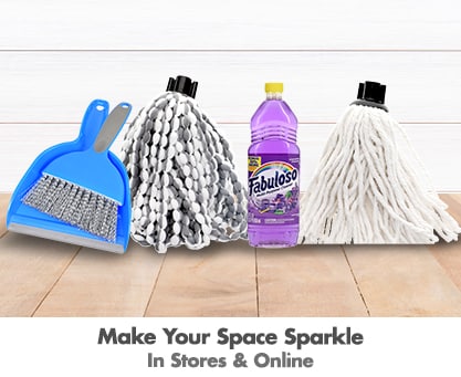 The Home Store mini dust pan and brush, microfiber mop heads, and Fabuloso lavender-scented cleaner