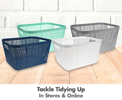 4 deep rectangular woven storage baskets in navy, mint, white, and gray